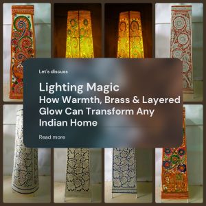 Hand painted Madhubani floor lamps lit with warm glow showcasing Indian home lighting ideas by GirlWhoDecor